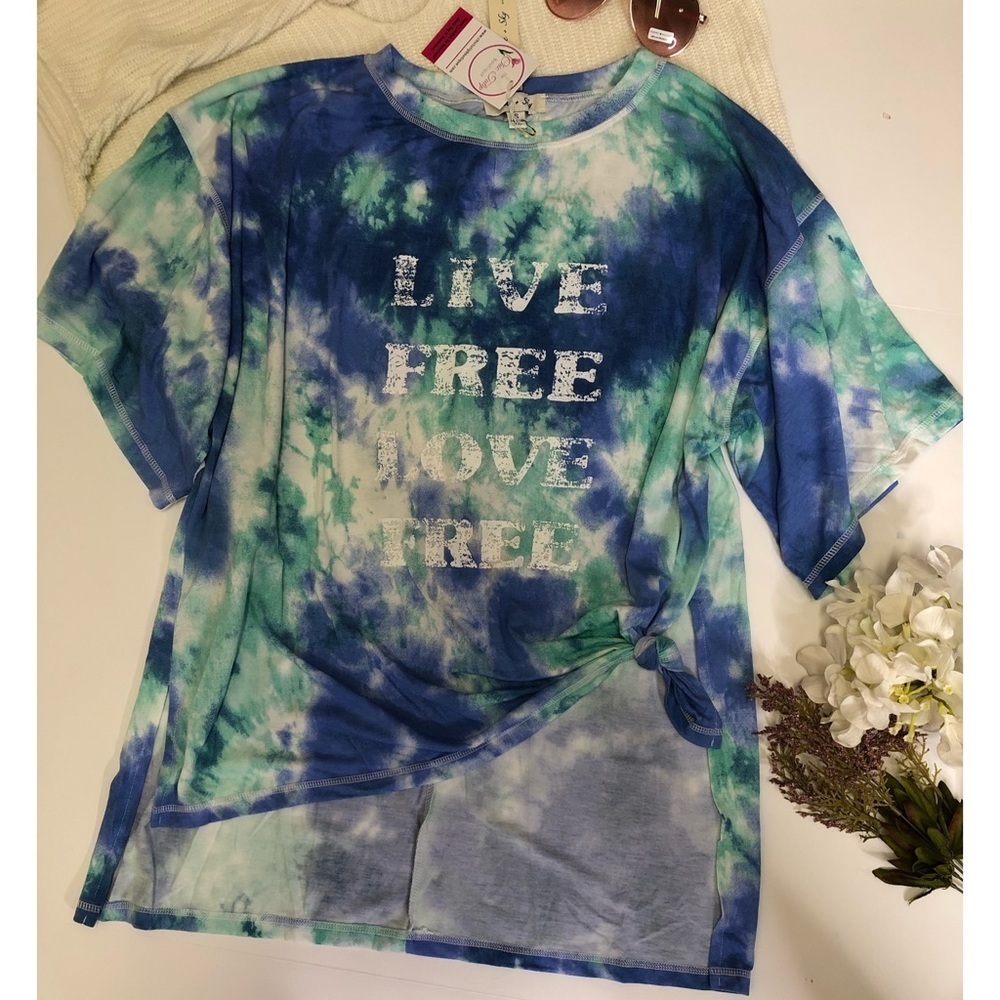 Womens Size S tee shirt knot side High Low Short Sleeve Tie dye Free love top
